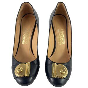 SALVATORE FERRAGAMO Black Leather Fiamma Keyhole Block Heels Made in Italy 9 US